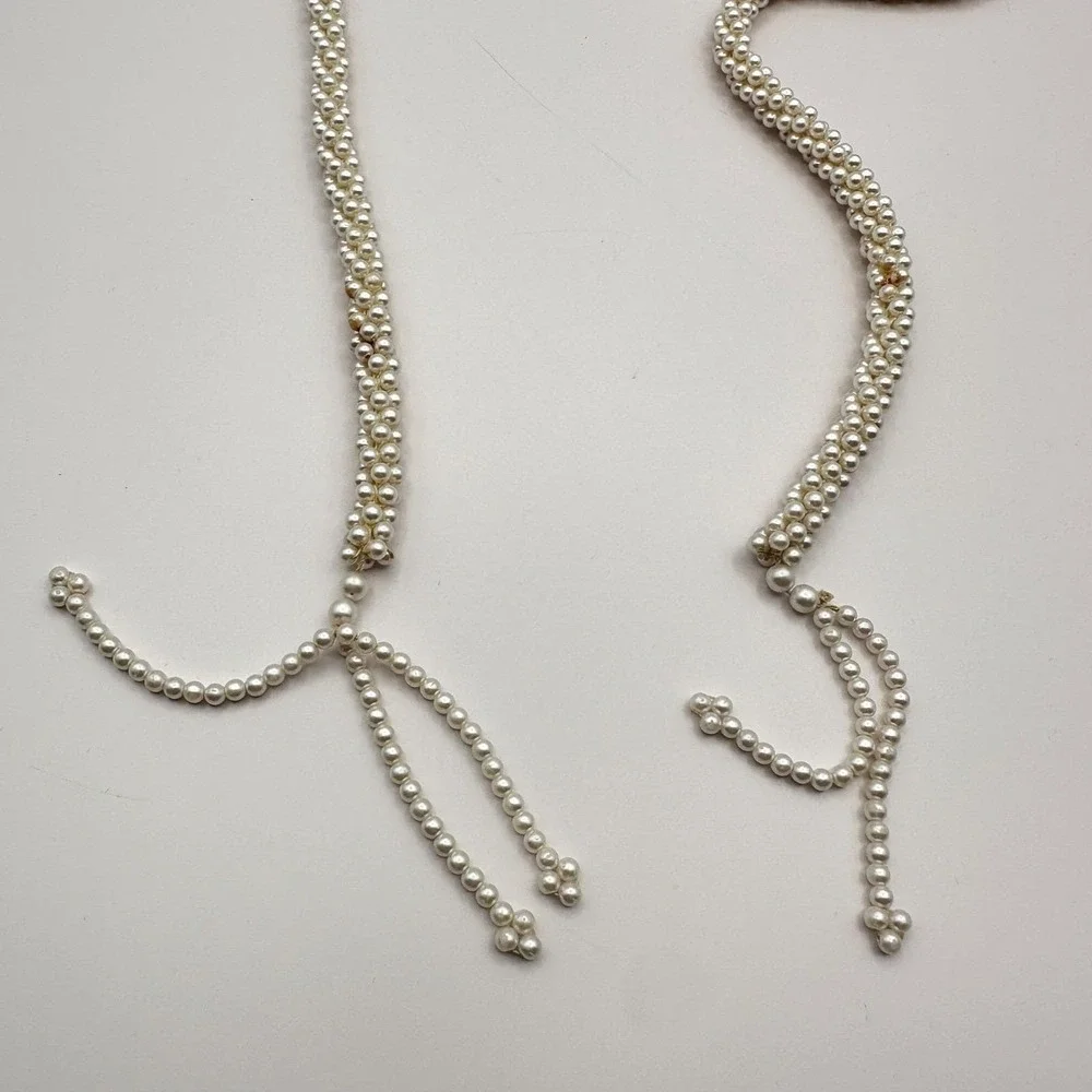 Vintage 90s Faux Pearl Cream White‎ Beaded Braided Tassel Necklace Statement Y2K